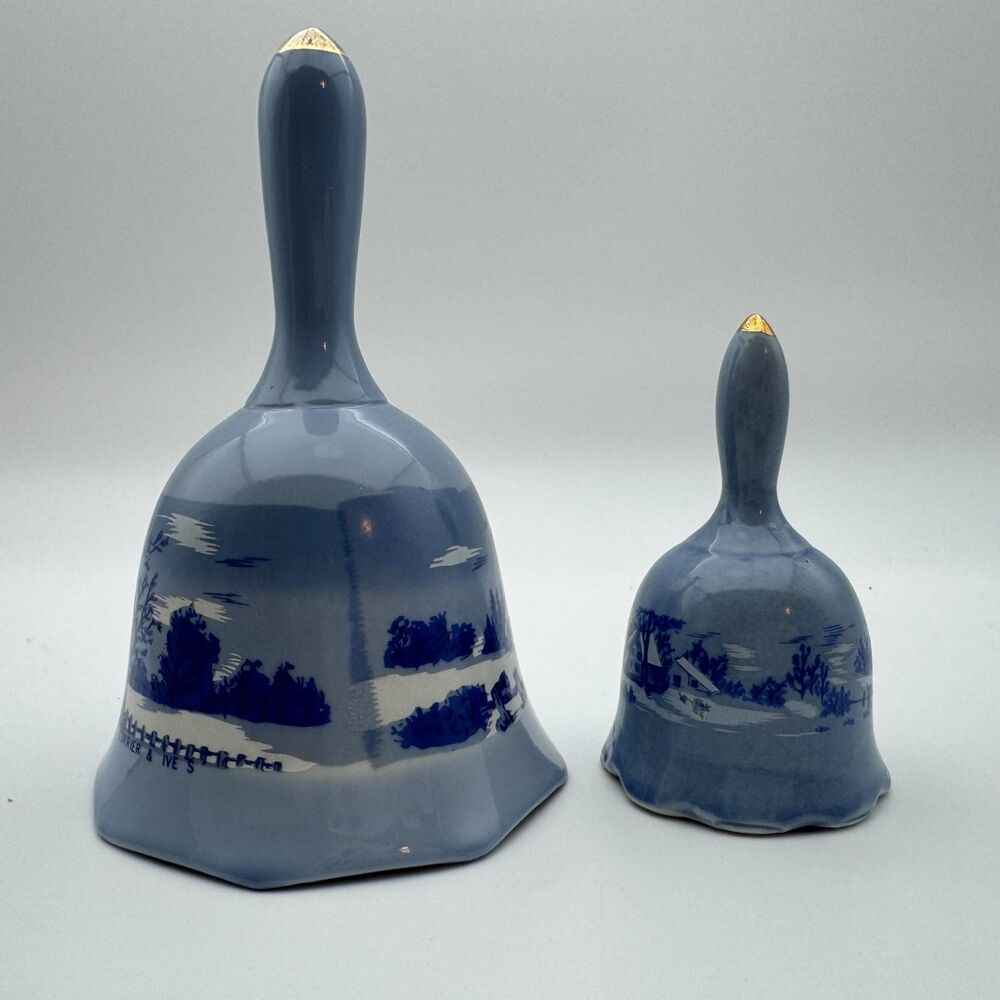 Currier & Ives Homestead in Winter Bell Set of 2 Blue White Ceramic Christmas